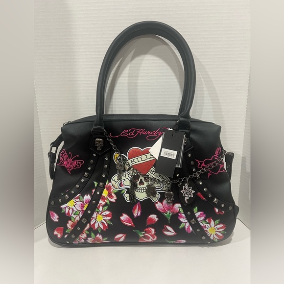 ED HARDY Love Kills Slowly Vegan Leather Tote Bag 15" x 10" NEW! - Picture 1 of 8